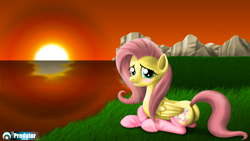 Size: 1920x1080 | Tagged: safe, artist:tsaritsaluna, fluttershy, pegasus, pony, clothes, flutterbutt, plot, socks, sunset, wallpaper