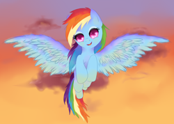 Size: 1600x1138 | Tagged: safe, artist:agletka, derpibooru import, rainbow dash, pegasus, pony, female, flying, heart eyes, mare, solo, spread wings, starry eyes, wingding eyes, wings