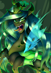 Size: 970x1379 | Tagged: safe, artist:astrequin, queen chrysalis, changeling, changeling queen, growling, nose wrinkle, open mouth, sharp teeth, solo, teeth, tongue out
