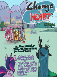 Size: 1114x1500 | Tagged: safe, artist:shrabby, applejack, pinkie pie, queen chrysalis, twilight sparkle, twilight sparkle (alicorn), alicorn, changeling, changeling queen, earth pony, pony, comic:change of heart (mutual taco), cage, clones, comic, implied vore