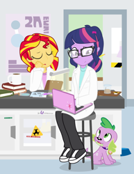 Size: 928x1200 | Tagged: safe, artist:dm29, sci-twi, spike, spike the regular dog, sunset shimmer, twilight sparkle, dog, human, equestria girls, rainbow rocks, beaker, book, clipboard, clothes, coffee, computer, food bowl, glasses, lab coat, laboratory, laptop computer, science, sunset the science gal, test tube, trio