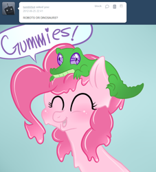 Size: 784x864 | Tagged: safe, gummy, pinkie pie, earth pony, pony, ask, ask bubblegum pie, bubblegum pie