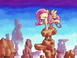 Size: 1024x768 | Tagged: safe, artist:gachucho, fluttershy, pegasus, pony, balancing, female, mare, rock