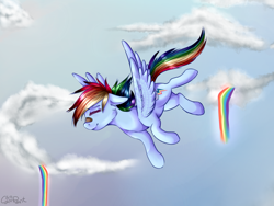 Size: 1400x1050 | Tagged: safe, artist:wolfchen999, derpibooru import, rainbow dash, pegasus, pony, bandaid, eyes closed, female, flying, mare, solo