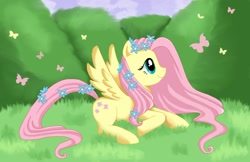 Size: 1330x861 | Tagged: safe, artist:mel-rosey, fluttershy, butterfly, pegasus, pony, cute, female, flower, flower in hair, flower in tail, mare, profile, prone, shyabetes, solo