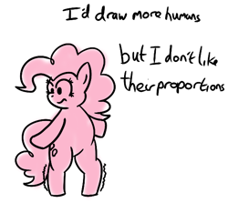 Size: 566x505 | Tagged: safe, pinkie pie, earth pony, human, pony, female, mare, pink coat, pink mane, solo, text