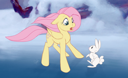 Size: 1000x617 | Tagged: safe, artist:rollingrabbit, angel bunny, fluttershy, pegasus, pony, rabbit, bambi, disney, duo, female, ice, male, mare, parody, snow, style emulation, winter