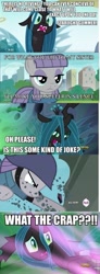 Size: 355x960 | Tagged: safe, edit, edited screencap, screencap, maud pie, queen chrysalis, changeling, changeling queen, earth pony, pony, maud pie (episode), the gift of the maud pie, to where and back again, comic, female, implied pinkie pie, mare, now you fucked up, screencap comic, shit just got real