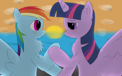 Size: 1920x1200 | Tagged: safe, artist:ghost3641, derpibooru import, rainbow dash, twilight sparkle, twilight sparkle (alicorn), alicorn, pegasus, pony, blushing, chest fluff, ear fluff, female, holding hooves, lesbian, looking at each other, shipping, sunset, twidash