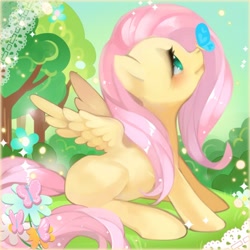 Size: 400x400 | Tagged: safe, artist:bnob, fluttershy, butterfly, pegasus, pony, blushing, insect on nose, looking at something, looking up, outdoors, profile, sitting, smiling, solo, spread wings
