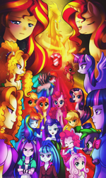 Size: 3333x5555 | Tagged: dead source, safe, artist:jacky-bunny, adagio dazzle, applejack, aria blaze, fluttershy, pinkie pie, rainbow dash, rarity, sonata dusk, spike, sunset shimmer, twilight sparkle, twilight sparkle (alicorn), alicorn, dog, pony, equestria girls, rainbow rocks, absurd resolution, cover, cover art, equestria girls ponified, humane seven, humane six, magic of the sirens, mane seven, mane six, ponified, spike the dog, the dazzlings