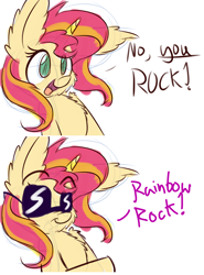 Size: 900x1217 | Tagged: safe, artist:heir-of-rick, sunset shimmer, pony, unicorn, equestria girls, rainbow rocks, dialogue, solo, sunglasses