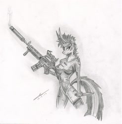 Size: 2425x2464 | Tagged: safe, artist:thedrunkcoyote, derpibooru import, twilight sparkle, anthro, acog, ar15, catsuit, eyepatch, future twilight, gun, knife, konami, metal gear, monochrome, no trigger discipline, parody, rifle, solid snake, suppressor, traditional art, trijicon