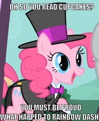 Size: 651x792 | Tagged: safe, pinkie pie, earth pony, pony, fanfic:cupcakes, all caps, condescending wonka, hat, image macro, meme, top hat