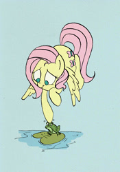 Size: 700x1000 | Tagged: safe, artist:bitter-knitter, fluttershy, frog, pegasus, pony, floating, lilypad, poking, unamused, water