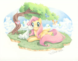 Size: 600x470 | Tagged: safe, artist:onlyahalfbreed, angel bunny, fluttershy, butterfly, pegasus, pony, cute, traditional art, tree