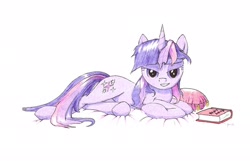 Size: 2086x1345 | Tagged: safe, artist:philo5, derpibooru import, twilight sparkle, unicorn twilight, pony, unicorn, bedroom eyes, book, female, looking at you, lying down, mare, messy mane, pony sutra, prone, seductive pose, sin of lust, solo, traditional art