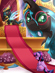 Size: 1500x2000 | Tagged: safe, artist:vavacung, queen chrysalis, twilight sparkle, changeling, changeling queen, pony, unicorn, accessory theft, bedroom eyes, dork, dorkalis, duo, eyes closed, fanfic, fanfic art, fanfic cover, female, glasses, jewelry, mare, necklace, regalia, smiling, spoilers in the comments, story in the source, throne