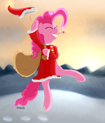 Size: 1637x1927 | Tagged: safe, artist:cheshiresdesires, pinkie pie, pony, clothes, hat, santa costume, santa hat, snow, winter