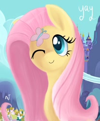 Size: 620x750 | Tagged: safe, artist:mastercheefs, fluttershy, butterfly, pegasus, pony, bust, canterlot, female, looking at something, looking up, mare, one eye closed, ponyville, portrait, smiling, solo, three quarter view, yay