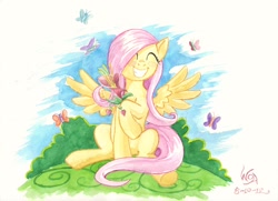 Size: 1024x743 | Tagged: safe, artist:the-wizard-of-art, fluttershy, butterfly, pegasus, pony, blushing, eyes closed, female, flower, happy, heart's desire, holding, mare, raised hoof, sitting, smiling, solo, spread wings, traditional art, wings