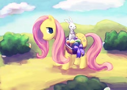 Size: 1000x707 | Tagged: safe, artist:neesha, angel bunny, fluttershy, pegasus, pony, female, looking at you, mare