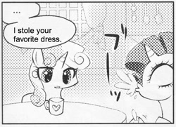 Size: 546x395 | Tagged: safe, rarity, sweetie belle, pony, unicorn, ..., exploitable meme, female, filly, many many pony, mare, meme, monochrome, mug, spit take