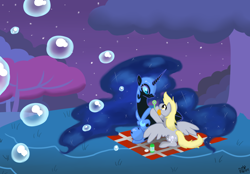 Size: 1522x1057 | Tagged: safe, artist:kudalyn, derpy hooves, nightmare moon, pegasus, pony, bubble, duo, female, mare, night, picnic