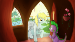 Size: 1600x900 | Tagged: safe, artist:cyclone-dusk, derpy hooves, spike, dragon, pegasus, pony, female, golden oaks library, mare