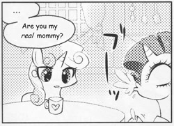 Size: 546x395 | Tagged: safe, rarity, sweetie belle, pony, unicorn, ..., exploitable meme, female, filly, many many pony, mare, meme, monochrome, mug, spit take