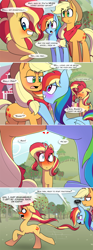 Size: 750x2010 | Tagged: safe, artist:jase1505, derpibooru import, applejack, rainbow dash, sunset shimmer, classical unicorn, earth pony, pegasus, pony, unicorn, comic:night at the gala, series:cloudsdale symphony, series:sunlight horizons, apple tree, appledash, bandana, barn, blushing, comic, cowboy hat, embarrassed, female, hat, implied lesbian, implied scitwishimmer, implied shipping, implied sunsetsparkle, kissing, leonine tail, lesbian, magic, mare, shipping, size difference, smiling, smoldash, speech bubble, stetson, sweet apple acres, tree, unshorn fetlocks