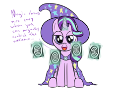 Size: 1200x1000 | Tagged: safe, artist:mightyshockwave, starlight glimmer, pony, unicorn, no second prances, card, dialogue, hypnosis, magic show, magic trick, simple background, solo, trixie's hat, white background