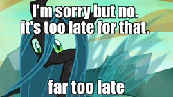 Size: 1280x720 | Tagged: safe, edit, edited screencap, screencap, queen chrysalis, changeling, changeling queen, to where and back again, female, former queen chrysalis, image macro, meme, sad, solo, the joker, the killing joke