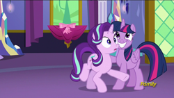 Size: 1920x1080 | Tagged: safe, screencap, starlight glimmer, twilight sparkle, twilight sparkle (alicorn), alicorn, pony, no second prances, discovery family logo, female, grin, mare