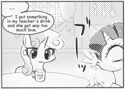 Size: 545x390 | Tagged: safe, rarity, sweetie belle, pony, unicorn, ..., exploitable meme, female, filly, innocent innuendo, many many pony, mare, meme, monochrome, mug, spit take