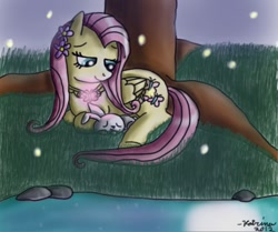 Size: 812x680 | Tagged: safe, artist:katrina-mae, angel bunny, fluttershy, pegasus, pony, element of kindness, night, sleeping