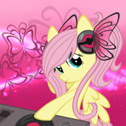 Size: 550x550 | Tagged: safe, artist:oathkeeper21, fluttershy, butterfly, pegasus, pony, disc jockey, headphones, pink background, simple background, solo, turntable