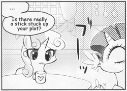 Size: 545x390 | Tagged: safe, rarity, sweetie belle, pony, unicorn, ..., exploitable meme, female, many many pony, meme, monochrome, mug, spit take