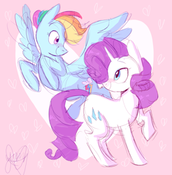 Size: 3580x3640 | Tagged: safe, artist:yerrgat, derpibooru import, rainbow dash, rarity, pegasus, pony, unicorn, duo, female, heart, lesbian, raridash, shipping