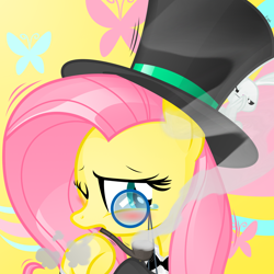 Size: 1900x1900 | Tagged: safe, artist:sunyup, angel bunny, fluttershy, pegasus, pony, hat, monocle and top hat, pipe