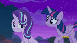 Size: 1008x565 | Tagged: safe, screencap, starlight glimmer, twilight sparkle, twilight sparkle (alicorn), alicorn, pony, no second prances, discovery family logo, female, mare, sitting