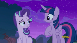 Size: 1008x565 | Tagged: safe, screencap, starlight glimmer, twilight sparkle, twilight sparkle (alicorn), alicorn, pony, no second prances, discovery family logo, female, mare