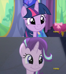 Size: 1008x1130 | Tagged: safe, screencap, starlight glimmer, twilight sparkle, twilight sparkle (alicorn), alicorn, pony, unicorn, no second prances, comparison, counterparts, cute, daaaaaaaaaaaw, discovery family logo, female, glimmerbetes, mare, smiling, twiabetes, twilight's counterparts