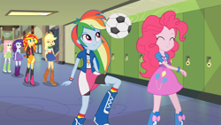 Size: 1366x768 | Tagged: safe, screencap, applejack, fluttershy, pinkie pie, rainbow dash, rarity, sunset shimmer, equestria girls, rainbow rocks, boots, bouncing, football, frown, hall, high heel boots, humane five, humane six, jumping, mane six