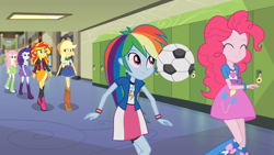 Size: 1366x768 | Tagged: safe, screencap, applejack, fluttershy, pinkie pie, rainbow dash, rarity, sunset shimmer, equestria girls, rainbow rocks, balloon, boots, bouncing, bracelet, clothes, cowboy boots, football, frown, hall, high heel boots, humane five, humane six, jewelry, jumping, mane six, skirt