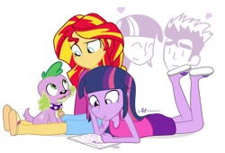 Size: 1100x750 | Tagged: safe, artist:dm29, flash sentry, spike, sunset shimmer, twilight sparkle, twilight sparkle (alicorn), alicorn, dog, equestria girls, book, clothes, diary, doodle, feet, flip-flops, heart, pen, sandals, simple background, slippers, spike the dog, transparent background, trio