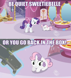 Size: 888x971 | Tagged: safe, rarity, sweetie belle, pony, unicorn, angry, box, comic, floppy ears, frown, glare, gritted teeth, implied abuse, levitation, looking down, magic, prone, sad, scared, sweetiebuse, telekinesis, text, worried