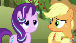 Size: 1920x1080 | Tagged: safe, screencap, applejack, starlight glimmer, earth pony, pony, no second prances, discovery family logo, sweet apple acres