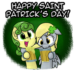 Size: 445x407 | Tagged: safe, artist:zicygomar, carrot top, derpy hooves, golden harvest, earth pony, pegasus, pony, background pony, cider, cute, cutie top, derpabetes, duo, female, green hair, holiday, mare, saint patrick's day