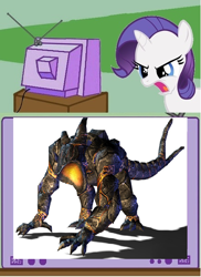 Size: 438x601 | Tagged: safe, rarity, kaiju, pony, unicorn, dumb rock, exploitable meme, godzilla (series), godzilla unleashed, meme, obsidius, tv meme, younger